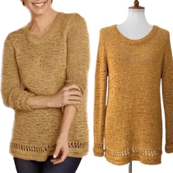 Soft surroundings yellow mustard‎ open knit sweater size 1X - Picture 1 of 10